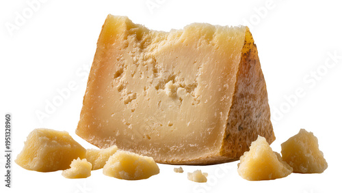 Tableau sur toile Isolated delicious gourmet Italian hard aged cheese wedge with small crumbs and shavings