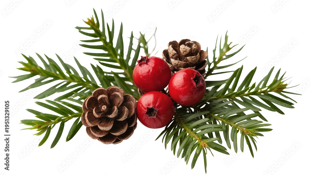 Obraz premium Isolated evergreen sprig with festive pinecones and bright red berries, traditional winter decoration