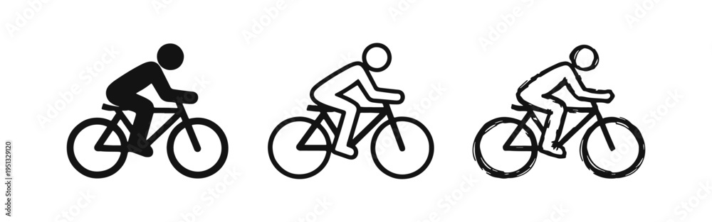 Obraz premium Bicycle Rider Icon Set: Cycling Activity Symbols in Solid, Outline, and Hand-Drawn Sketch Styles