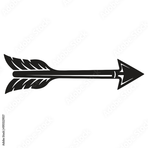 Simple black arrow icon with feather fletching pointing to the right direction isolated on transparent background