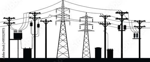 Electric power transmission infrastructure silhouette, utility poles transformers and high voltage towers with cables, electricity distribution grid industrial energy vector