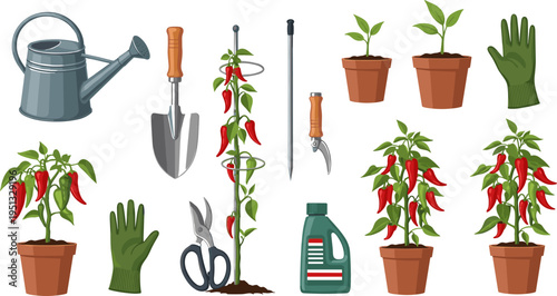 Gardening Tools for Chili Pepper Plants with Watering Can, Shovel, Gloves, Pruning Shears, and Fertilizer for Healthy Growth
