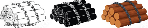 Set of three stacked bundles of logs or pipes presented in outline black and brown color variations ideal for industrial or construction-related designs