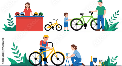 Bicycle shop service and repair illustration, family choosing bike with helmets, mechanic fixing bicycle, cycling equipment store, eco transport concept vector