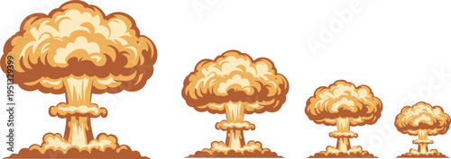Cartoon nuclear explosion mushroom cloud stages, atomic bomb blast sequence illustration, stylized detonation clouds, radiation fallout concept, war disaster symbol vector set