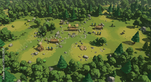 Aerial view of a charming cartoon village nestled in a lush green forest clearing, featuring wooden houses, trees, and rocks in a vibrant, stylized landscape