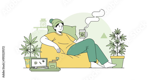 Young person relaxes on bean bag while holding cannabis drink in cozy indoor setting