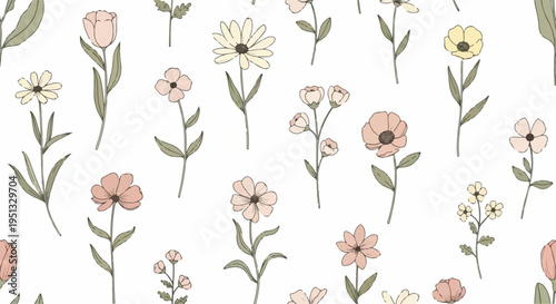 Cute floral background with hand drawn blooms and leaves in playful pastel color palette