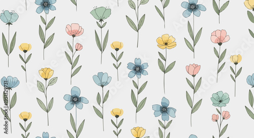 Fresh pastel flower pattern with scattered blooms and greenery on clean white background