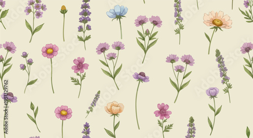 Soft floral seamless design with tulips, daisies, and berries in light spring color palette