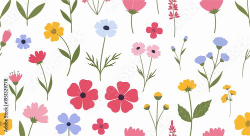 Cute pastel flower pattern with playful shapes and delicate leaves on bright clean background