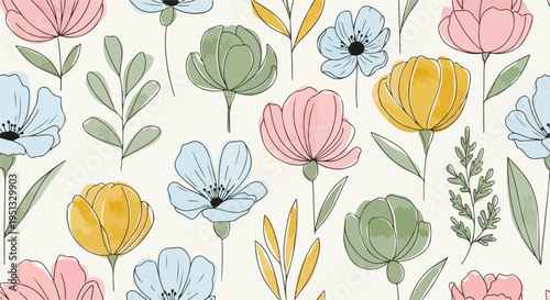 Beautiful seamless botanical print with simple flowers, gentle colors, and calming decorative composition