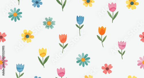 Cute pastel floral background with tulips, daisies, and berries in playful hand drawn style illustration