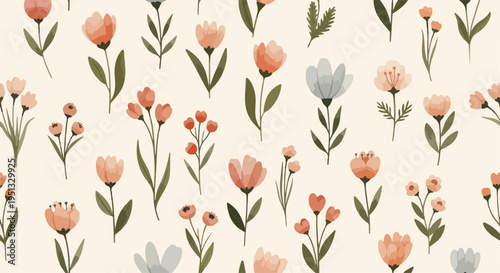 Seamless spring garden pattern with cute flowers, leaves, and berries in soft pastel illustration style
