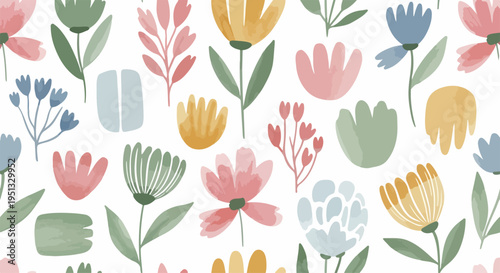 Sweet spring flower pattern with colorful blossoms, leaves, and berries in soft tones on bright white background