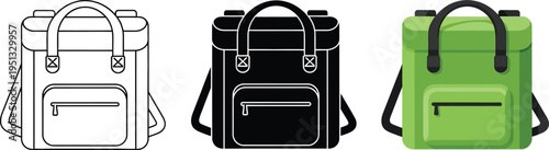 Collection of backpack icons featuring outline glyph and vibrant green flat design styles ideal vector elements for school travel and everyday applications