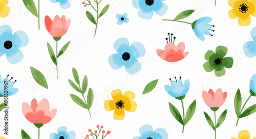 Hand drawn floral seamless pattern with pastel blooms, charming details, and light airy composition for textiles