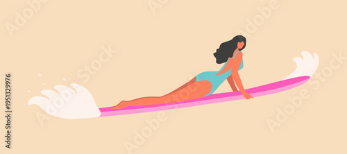 A girl lies on a surfboard in the ocean with waves. Groovy cartoon vector illustration for postcard, sticker or t shirt
