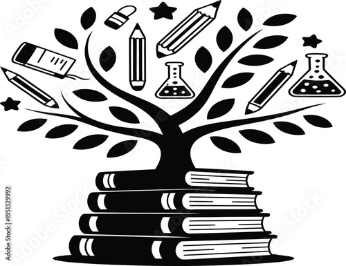A black and white illustration of a tree growing out of a stack of books with educational symbols