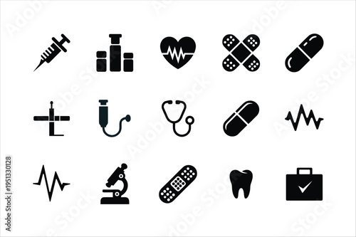Healthcare Silhouette Icon Set, Medical Services and Hospital Concept Vector Illustration