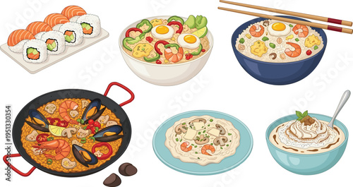 A Set of Various Global Dishes Including Sushi, Noodles, Paella, Pasta, and Desserts for Food, Cooking, and Restaurant Designs