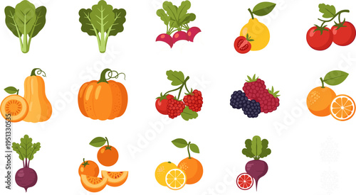 Collection of Fresh Vegetables and Fruits Including Lettuce, Tomatoes, Oranges, Pumpkins, and Radishes for Healthy Eating