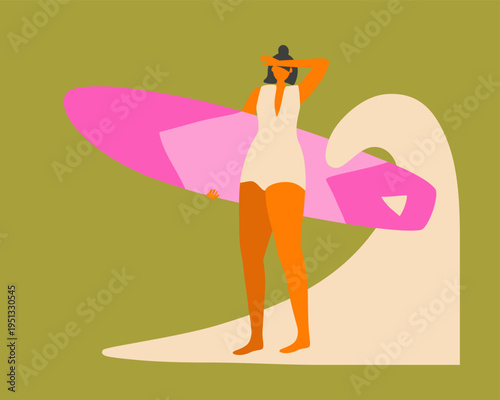 Flat illustration of a girl with a pink surfboard standing on the beach. Groovy cartoon vector for a postcard, sticker or cover.