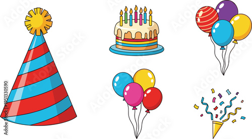 Birthday Celebration Icon Set – Vector Illustration of Party Hat, Cake, Balloons, and Confetti for Birthday, Party, and Fun Themes