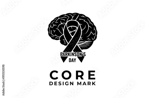 Brain With Awareness Ribbon Symbol Presented As Black Vector Silhouette Sketch Engraving Logo Illustration Representing Parkinsons Day Health Awareness Concept