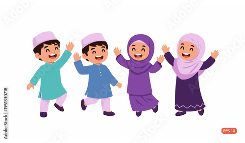 Happy Muslim children in traditional clothes celebrating vector illustration