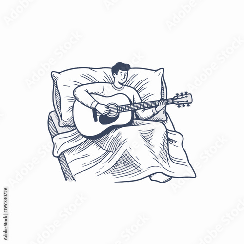 Man playing acoustic guitar in bed. Vintage engraving style vector graphic. Music and home lifestyle concept. Retro woodcut design isolated on white