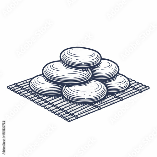 Massage stones on bamboo mat. Vintage line art graphic. Zen and wellness concept. Woodcut style vector isolated on white