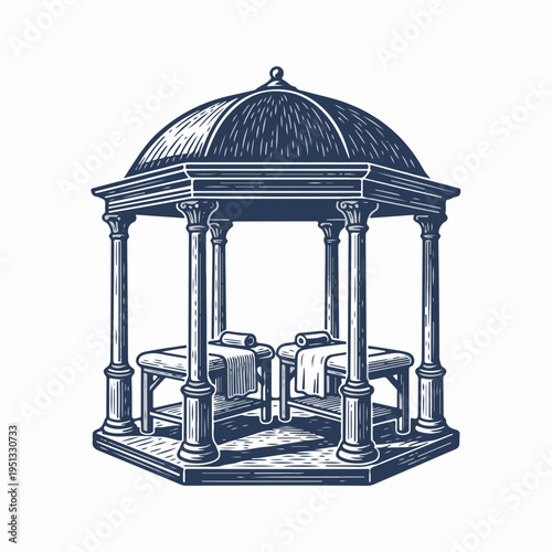 Vintage line art vector of an outdoor spa gazebo. Luxury wellness retreat with massage tables. Engraved style architectural graphic isolated on white background