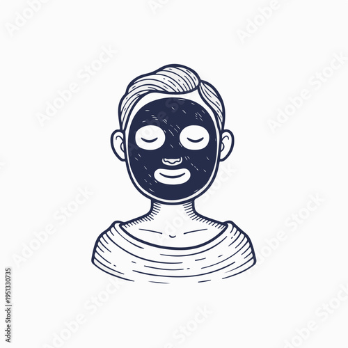 Man with mud mask facial treatment. Vintage engraving style vector graphic. Skincare and male grooming concept. Retro woodcut design isolated on white