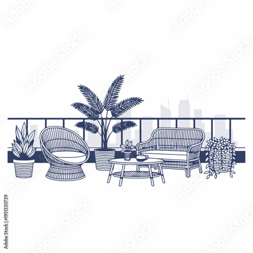 Vintage rooftop garden with rattan furniture and city view. Retro line art vector graphic. Engraving style drawing of balcony patio with plants