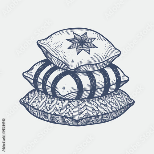 Vintage line art vector of a stack of decorative pillows. Knitted and patterned cushions for home decor. Engraved style textile graphic isolated on light background