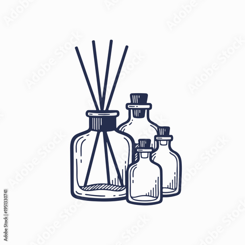 Vintage reed diffuser and glass apothecary bottles. Retro line art vector graphic. Engraving style drawing of aromatherapy essential oil set