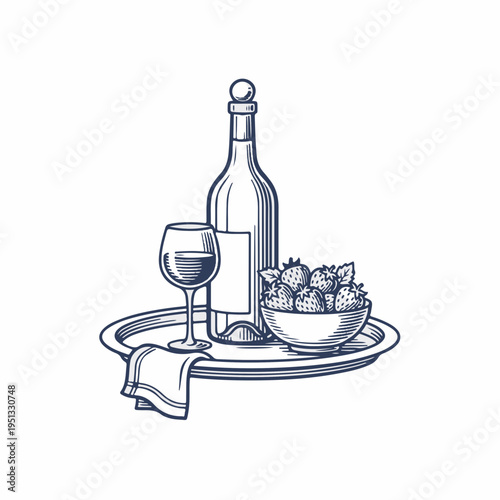 Vintage room service tray with wine bottle and strawberries. Retro line art vector graphic. Engraving style drawing of wine glass and fruit