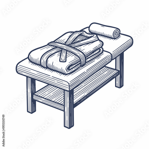 Vintage massage table with folded spa robe line art. Hand drawn wellness concept. Vector graphic isolated on white