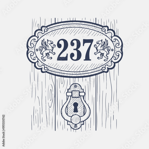 Vintage hotel room door with number 237 plaque. Retro line art vector graphic. Engraving style drawing of door knocker and heraldic symbols