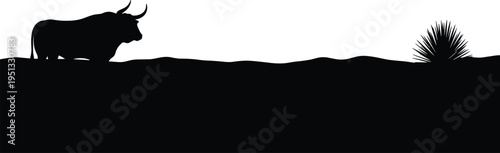 Bull silhouette in desert landscape vector illustration, western cattle grazing on prairie, wild bull and cactus isolated on white background, nature.