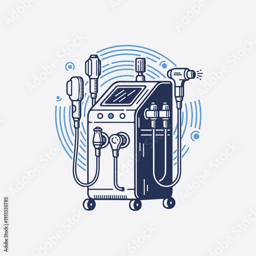 Medical spa and cosmetic laser equipment. Vintage line art graphic. Professional beauty treatment device. Vector isolated on white