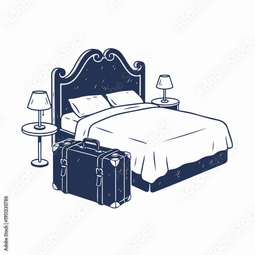 Vintage hotel bed and suitcase line art. Hand drawn travel and accommodation concept. Vector graphic isolated on white