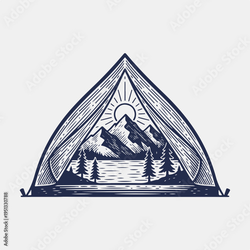 Vintage line art vector of a mountain view from inside a tent. Camping and outdoor adventure concept. Engraved style nature graphic isolated on light background