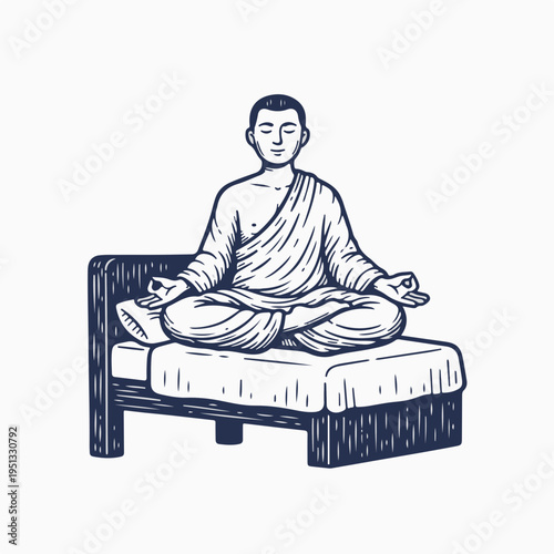 Man meditating in lotus position on a bed. Vintage woodcut style vector graphic. Mindfulness and sleep wellness concept. Isolated on white background