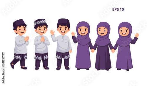 Muslim kids in traditional dress happy poses flat vector illustration