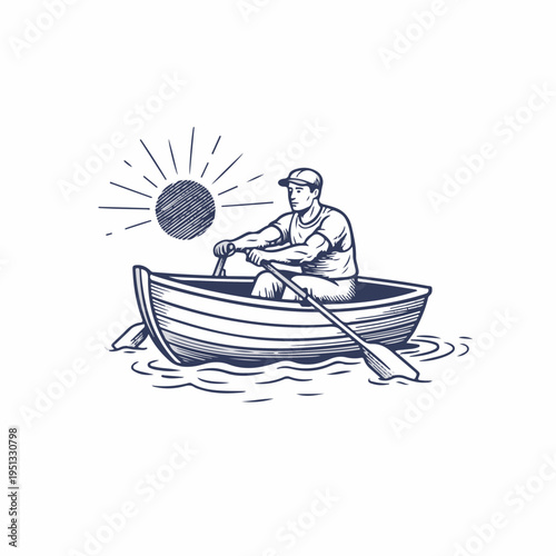 Man rowing small boat on water. Vintage engraving style vector graphic. Nautical adventure and leisure concept. Retro woodcut design with sun isolated on white