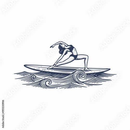 Woman stretching on surfboard in ocean waves. Vintage line art vector graphic. Summer surfing and yoga wellness concept