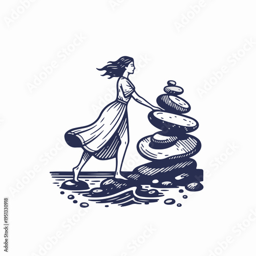 Woman stacking stones on rocky beach. Vintage line art vector graphic. Zen balance and mindfulness nature concept