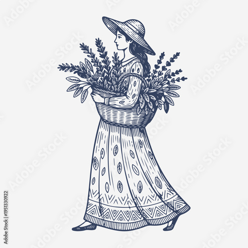 Woman carrying a basket of herbs. Vintage line art vector graphic. Gardening and foraging concept